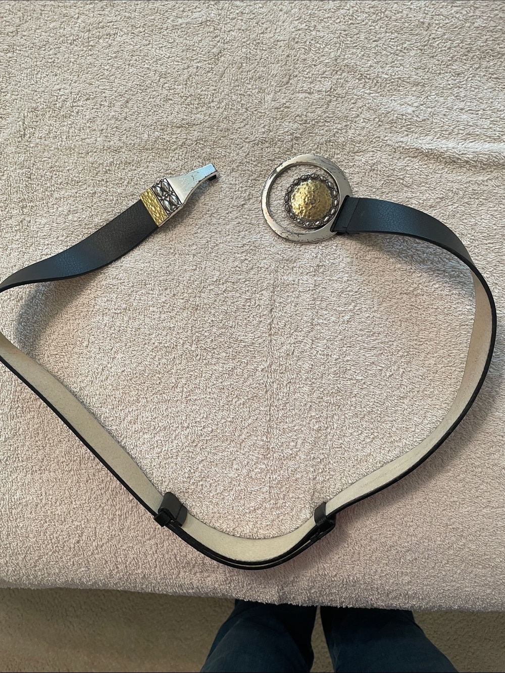 Black Leather Women's Belt with Decorative Two-Tone Medallion Buckle